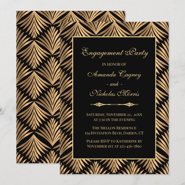Invitation Retro Black Gold Art Déco Gatsby Partie d'engageme (Devant / Derrière)