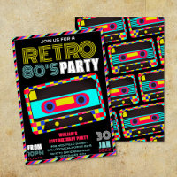 Retro Black Neon Cassette Tape 80s Anniversaire