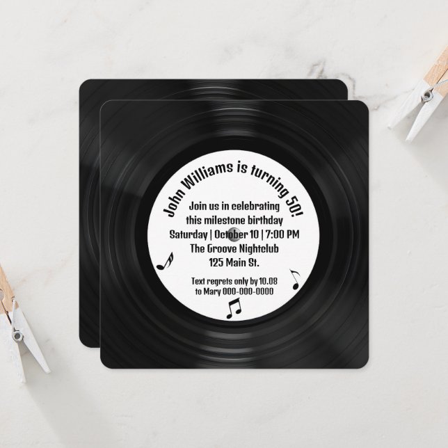 Invitation Retro Black Vinyl LP Record 50e fête d'anniversair (Devant/Arrière en situation)