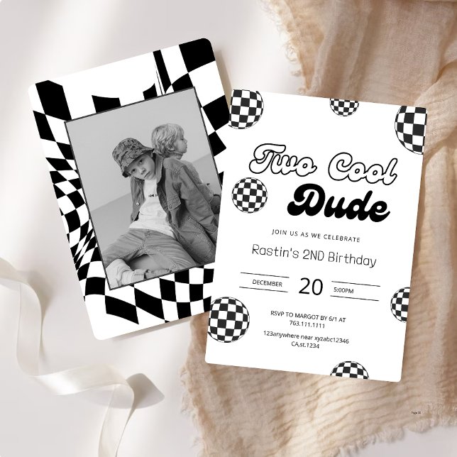 Invitation Retro Black & White À damiers Motif 2e anniversair (Créateur téléchargé)