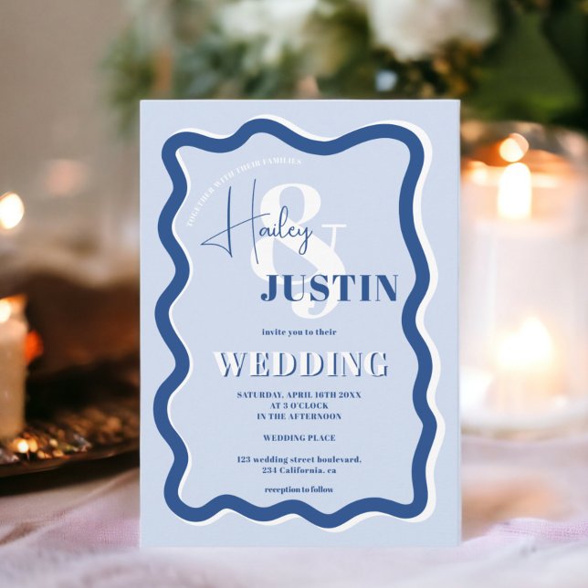 Invitation Retro bleu courbe squiggle ondulée photo mariage (Retro blue curve squiggle wavy wedding photo invitation)