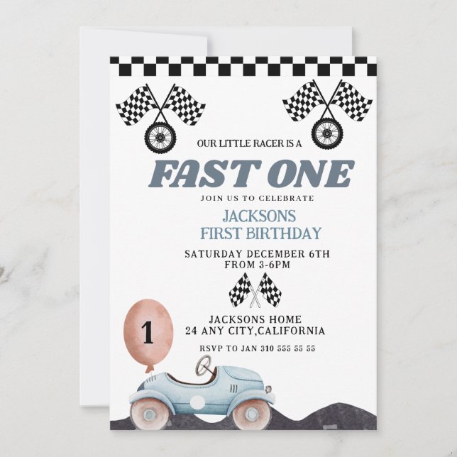 Invitation Retro Blue Fast one Boy 1st Birthday Car Boys (Devant)