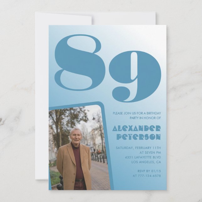 Invitation Retro Blue Gradient Photo Hommes 89e anniversaire (Devant)
