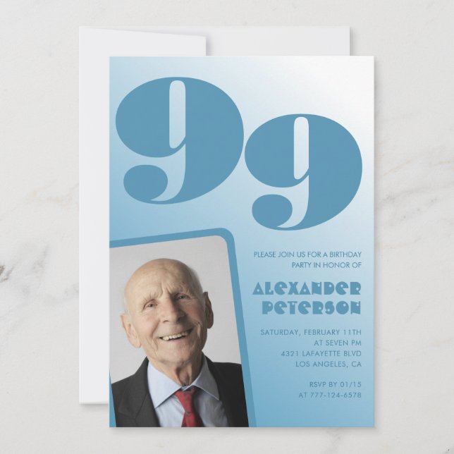 Invitation Retro Blue Gradient Photo Hommes 99e anniversaire (Devant)