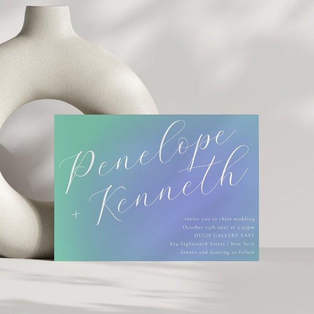 Invitation Retro Blue Green Gradient Élégant Mariage de scrip (Créateur téléchargé)