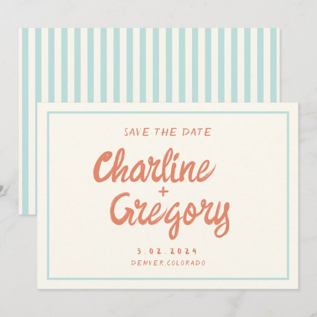 Invitation Rétro Blue Handwriting Wedding Enregistrer la date (Devant / Derrière)