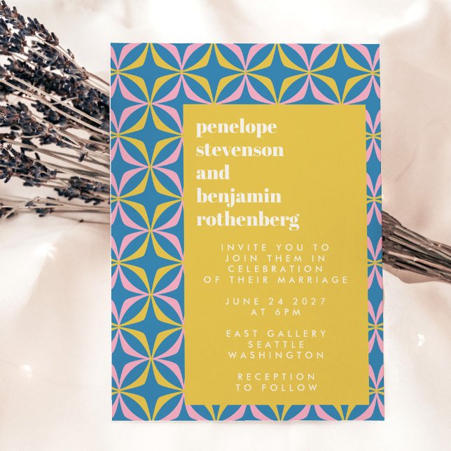 Invitation Retro Blue Motif Fun Bold Typographie Mariage (Créateur téléchargé)