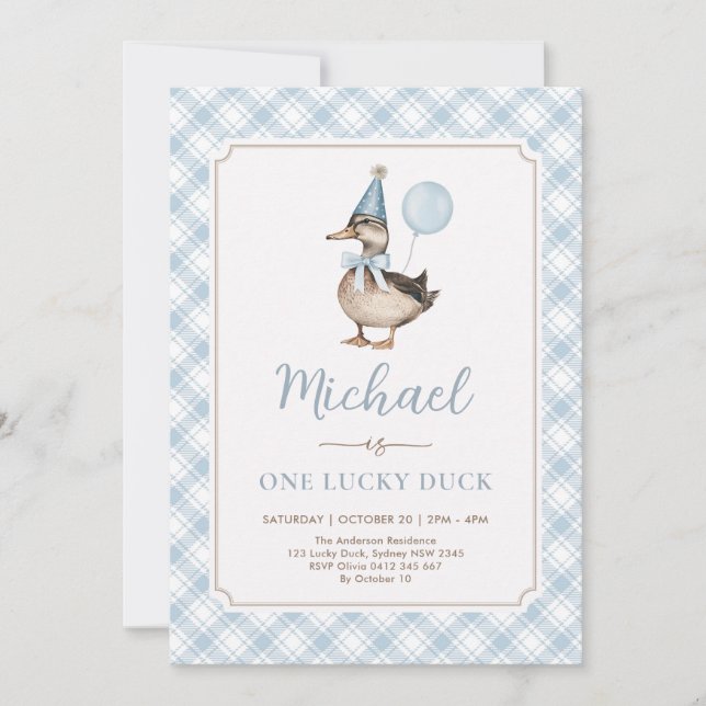 Invitation Retro Blue One Lucky Duck Balloon 1er anniversaire (Devant)
