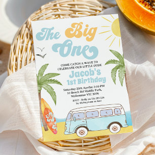 Invitation Retro Blue Orange Surfer The Big One 1er Anniversa