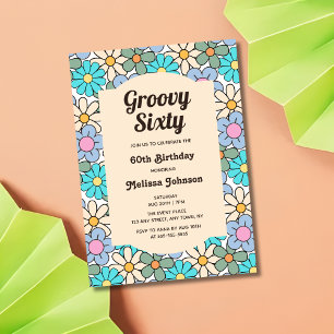 Invitation Retro Blue Peach Floral Super 60e anniversaire