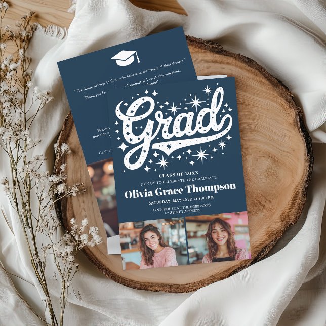 Invitation Retro Blue Script Stars 3-Photo Graduation Party (Retro Blue Script Stars 3-Photo Graduation Party Invitation)