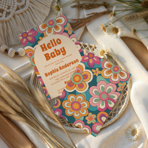 Invitation Rétro Bohème Fête Prénatale Florale Groovy des Ann