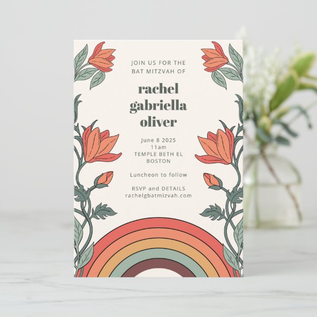 Invitation Retro Bohemian Rainbow Floral Bat mitzvah unique (Debout devant)