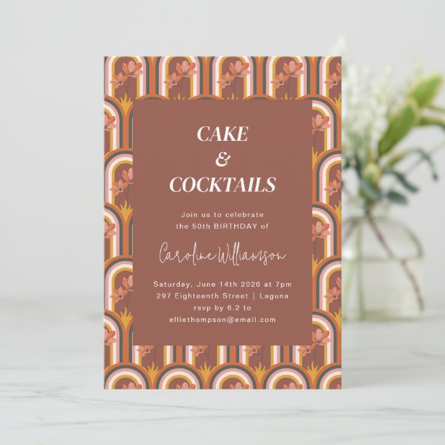 Invitation Retro Bohemian Terracotta Floral Anniversaire Part (Debout devant)