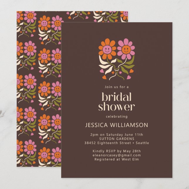 Invitation Retro Boho les années 70 Smile Floral Fête des mar (Devant / Derrière)