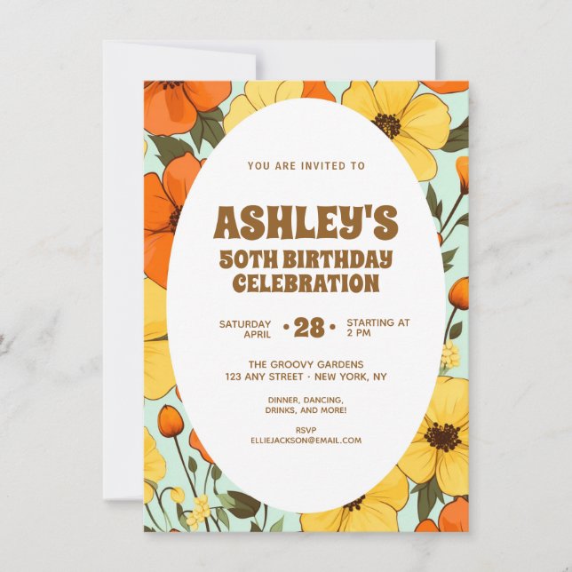 Invitation Retro Boho Orange Jaune Floral mignon Anniversaire (Devant)