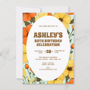 Invitation Retro Boho Orange Jaune Floral mignon Anniversaire