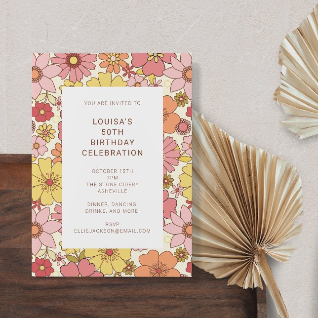 Invitation Retro Boho rose jaune Floral mignonne fête d'anniv (Créateur téléchargé)