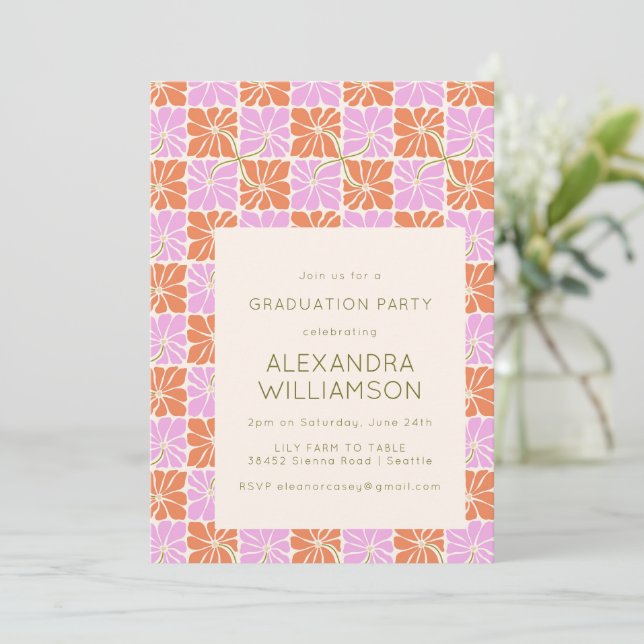 Invitation Retro Boho Rose Orange Floral Party de graduation (Debout devant)