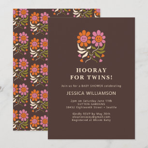 Invitation Retro Boho Smile Floral Super Baby shower TWINS