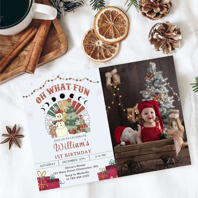 Invitation Retro Boho Snowman Arbre de Noël Anniversaire Phot (Créateur téléchargé)