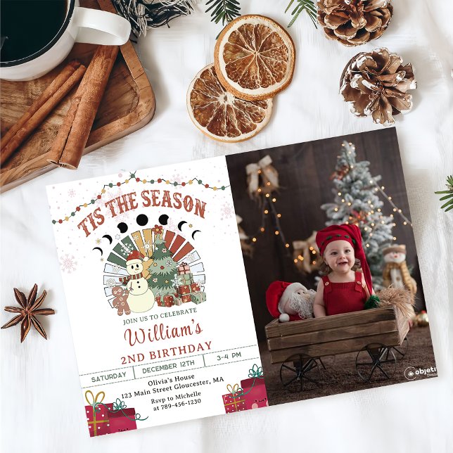 Invitation Retro Boho Snowman Arbre de Noël Anniversaire Phot (Créateur téléchargé)