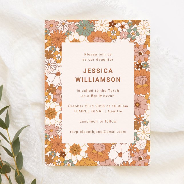 Invitation Retro Boho Terracotta Floral Cute Bat mitzvah (Créateur téléchargé)