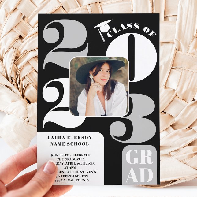 Invitation Retro bold 2023 gris noir 5 photos graduation (Créateur téléchargé)