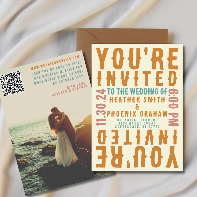 Invitation Retro Bold Bright Photo et code QR Mariage (Créateur téléchargé)