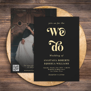 Invitation Retro Bold We Do Black & Gold QR Code Mariage