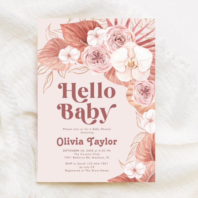 Invitation Retro Bonjour Bébé Botanique Fille Baby shower (Créateur téléchargé)
