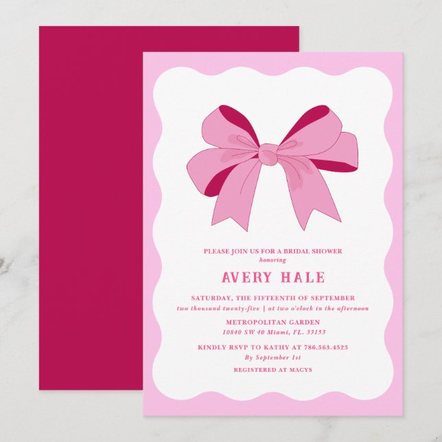 Invitation Retro Bow rose Lilac courbe chic Fête des mariées  (Devant / Derrière)