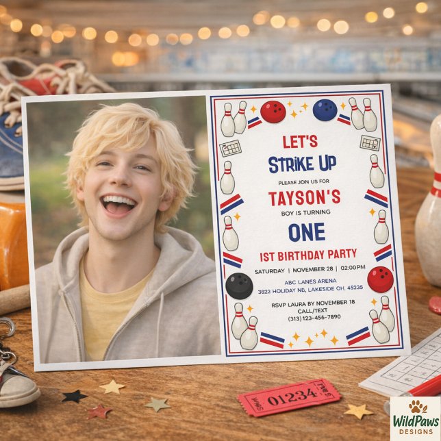 Invitation Retro Bowling 1st Birthday Party – Fun Kids  (Retro Bowling 1st Birthday Party – Fun Kids Invitation
)