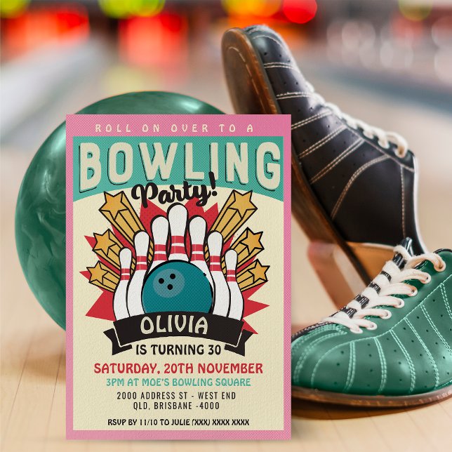 Invitation Retro Bowling fête d'anniversaire (Inspired by retro 60's posters, this fantastic invitation will be right up your alley. )