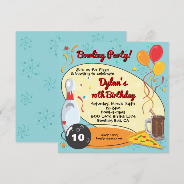 Invitation Retro Bowling fête d'anniversaire (Devant / Derrière)