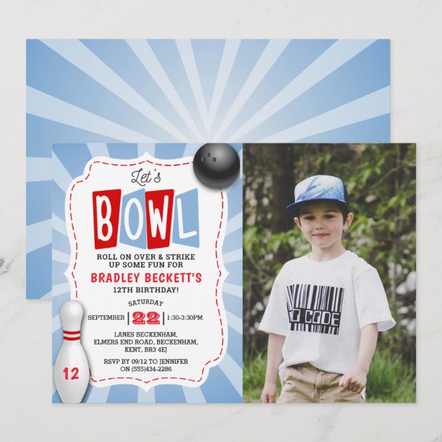 Invitation Retro Bowling N'Importe Quel Âge Photo Anniversair (Devant / Derrière)
