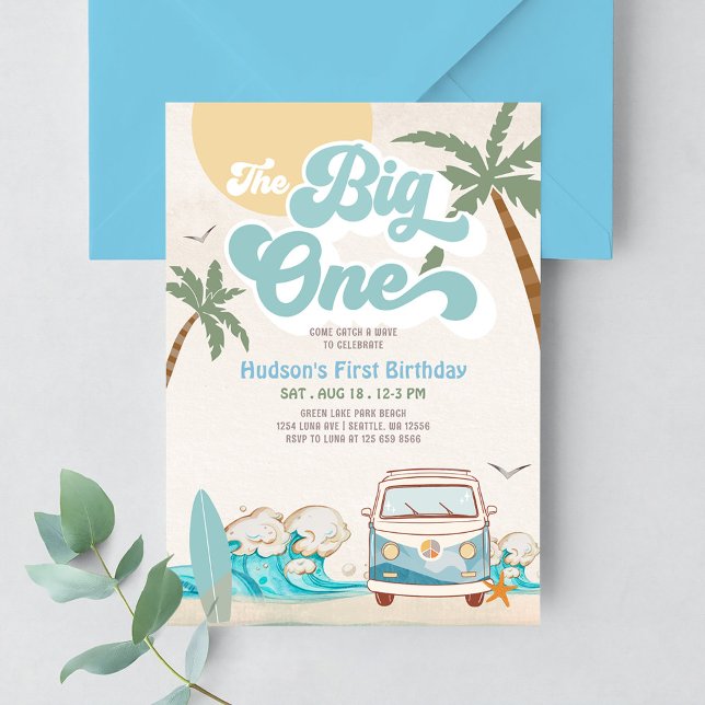 Invitation Retro Boy The Big One Surfing 1st Birthday Party (Créateur téléchargé)