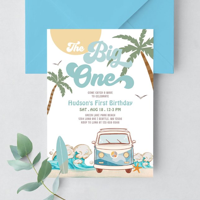 Invitation Retro Boy The Big One Surfing 1st Birthday Party (Créateur téléchargé)