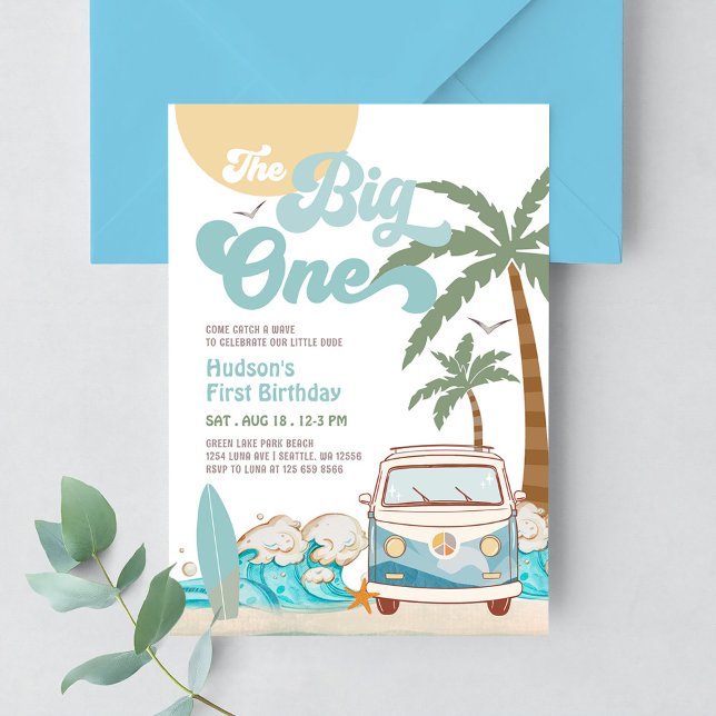 Invitation Retro Boy The Big One Surfing 1st Birthday Party (Créateur téléchargé)