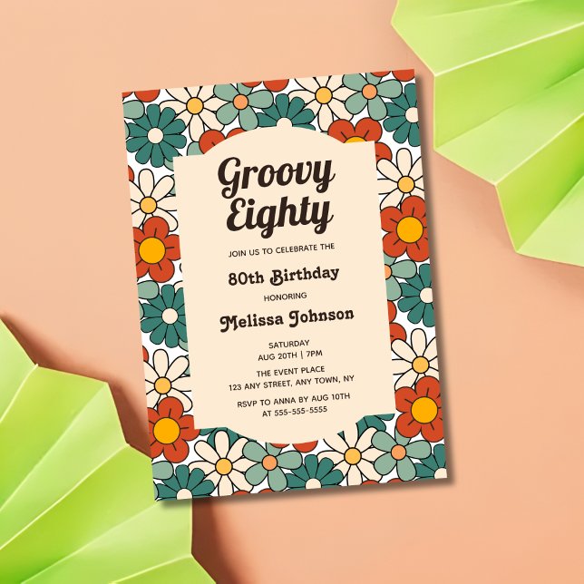Invitation Retro Brown Vert Floral Super 80e anniversaire (Créateur téléchargé)