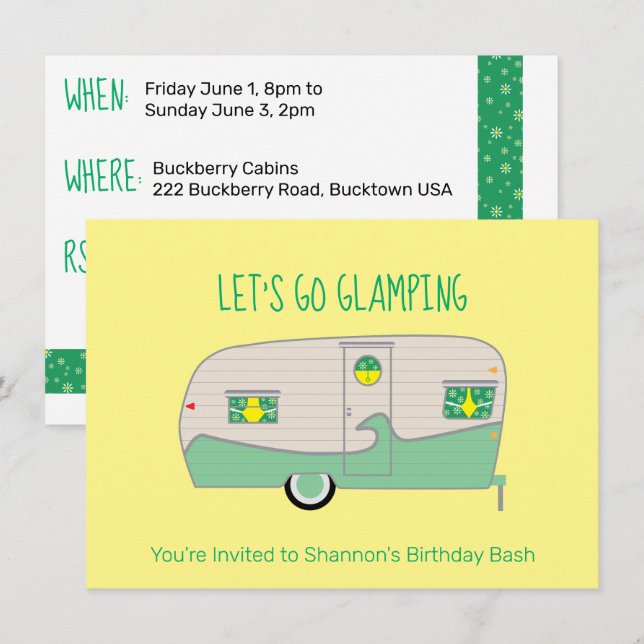 Invitation Rétro Camping Car en Conserve Vert Menthe Glamping (Devant / Derrière)