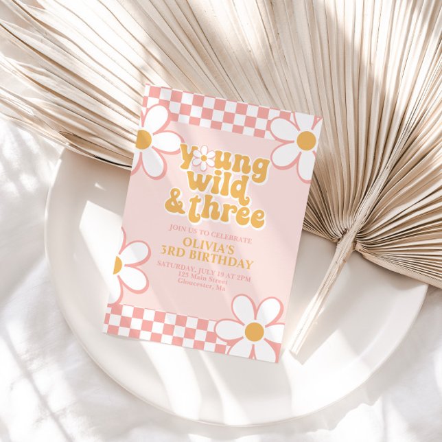 Invitation Retro Check Young Wild Trois Marguerite Rose (Créateur téléchargé)