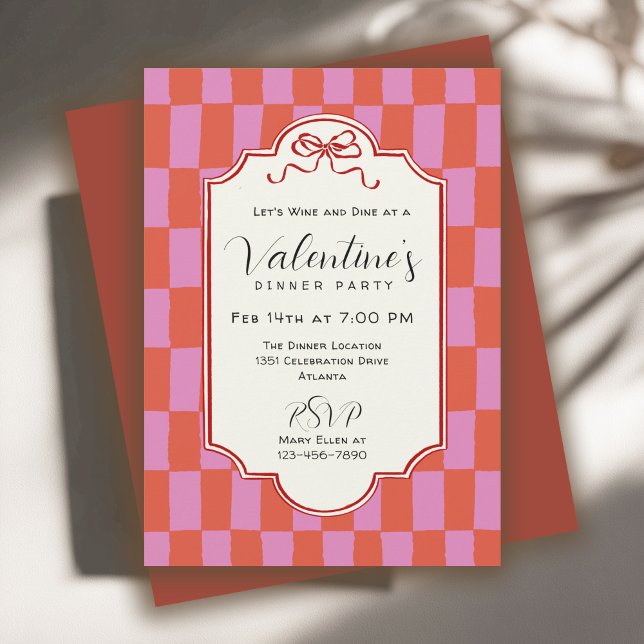 Invitation Retro Checkerboard Handdrawn Bow Valentine Dinner (Créateur téléchargé)