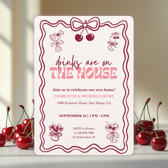 Invitation Retro Cherry Cocktail Red Bow Housewarming Party (Retro Pink Housewarming Invitation – Drinks Are On the House Theme with Cherry & Cocktail Glasses)
