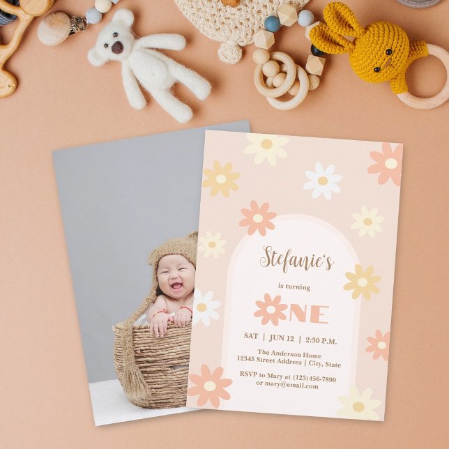 Invitation Retro Chic Bohemian Daisy 1er Birthday Baby Photo (Créateur téléchargé)