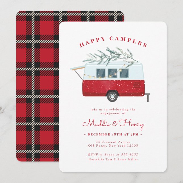 Invitation Retro Christmas Camper Red Engagement Party (Devant / Derrière)