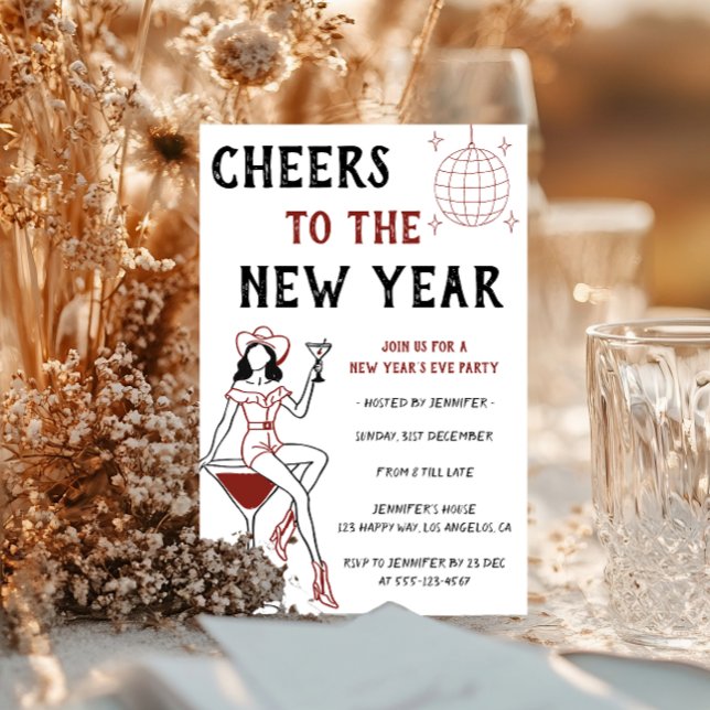 Invitation Retro Cocktail Girl Cheers to the New Year Party  (Créateur téléchargé)