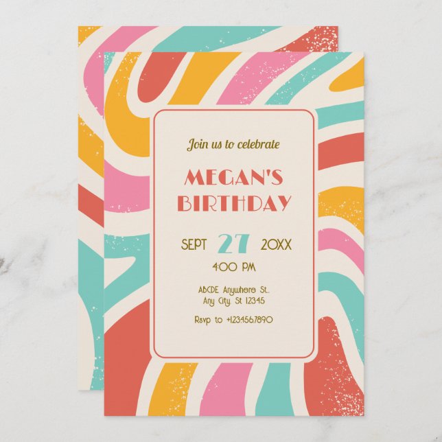 Invitation Retro Colorful abstract seamless pattern birthday (Devant / Derrière)