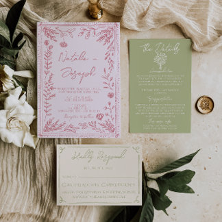 Invitation Retro Colorful Hand Drawn Floral Garden Wedding
