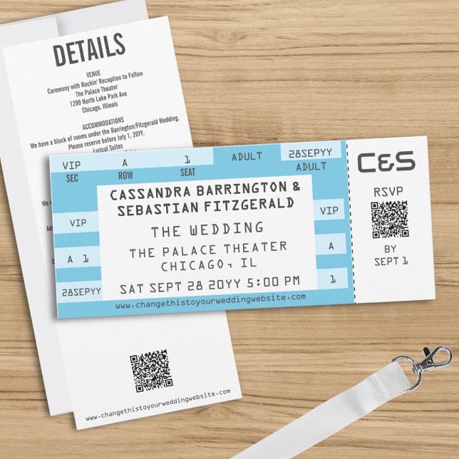 Invitation Retro Concert Ticket All-in-One Blue Wedding (Custom concert ticket all-in-one wedding invites for your music theme wedding)